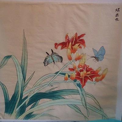 Chinese Silk Picture Screen w/ orchids and butterflies NOT Framed