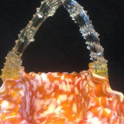 Vintage 1960's Murano End Of The Day Basket~Orange~Pink~White~Thorn Handle