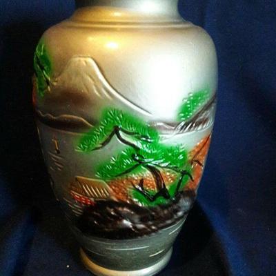 Asian Ceramic-like Vase/Jar with Beautiful Country Lake Scene, 8 inches tall