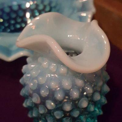 Beautiful Vintage Fenton-Blue Hobnail Opalescent Basket & Vase