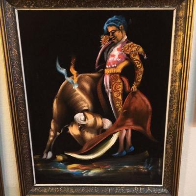 Vintage Black Velvet Painting, Bull Fighting Fighter Matador, Framed