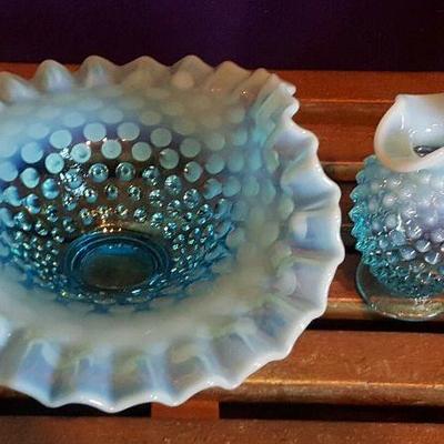 Beautiful Vintage Fenton-Blue Hobnail Opalescent Basket & Vase