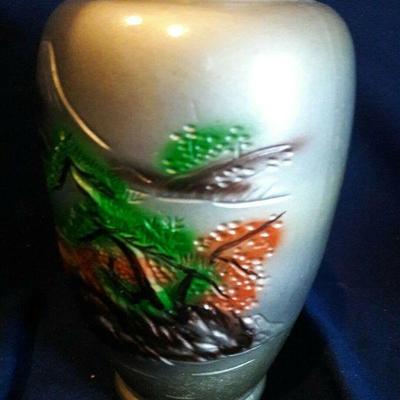 Asian Ceramic-like Vase/Jar with Beautiful Country Lake Scene, 8 inches tall