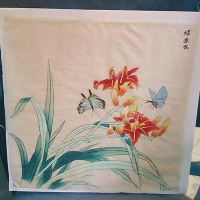Chinese Silk Picture Screen w/ orchids and butterflies NOT Framed