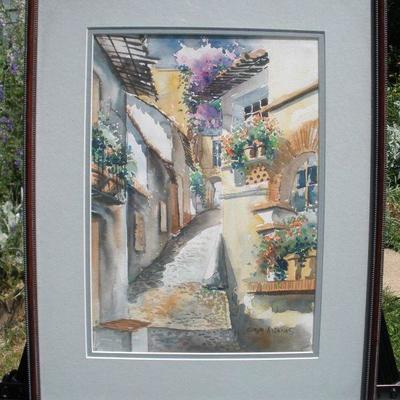 Print of street scene with flower boxes - framed picture