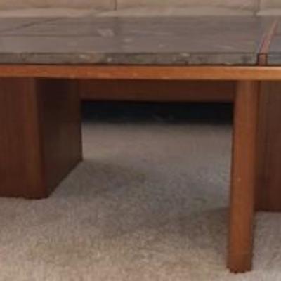 Modernism Fossil Top Table with Teak Base