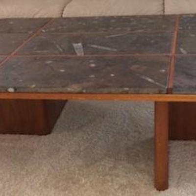 Modernism Fossil Top Table with Teak Base