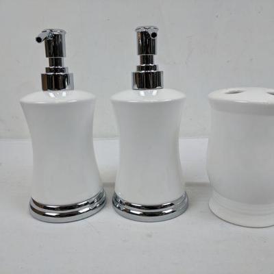 White/Silver Soap/Lotion Dispensers (2) & Toothbrush Holder