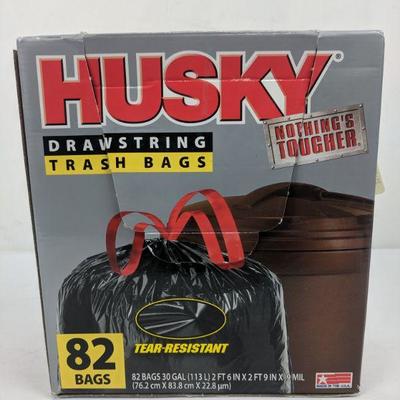 Husky Drawstring Trash Bags 30 Gallon, 82 Bags - Opened Box