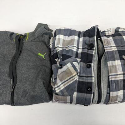 2 Jackets: Gray/Green Puma, Size Large & Plaid Hooded Zip Up Size Medium