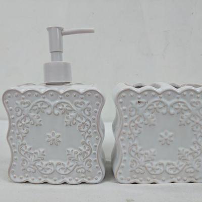 Toothbrush Holder & Soap Dispenser, White Ceramic, Flower Designs