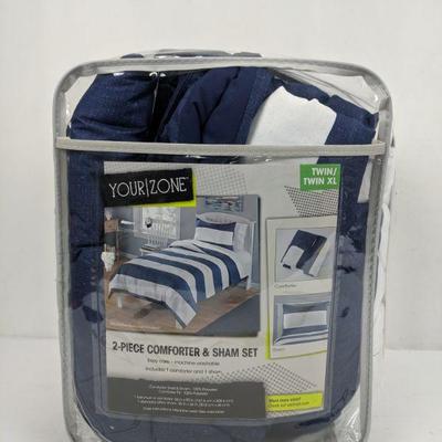 Your Zone 2-Piece Comforter & Sham Set, White/Navy Stripe - Opened Package