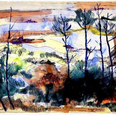 circa 1950's Watercolor 24" x 18" Signed Vincent Drennan #019