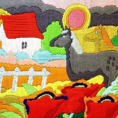 Vintage Wool Tapestry Art on Board Folk Art - Framed 23 x 28 - A-008