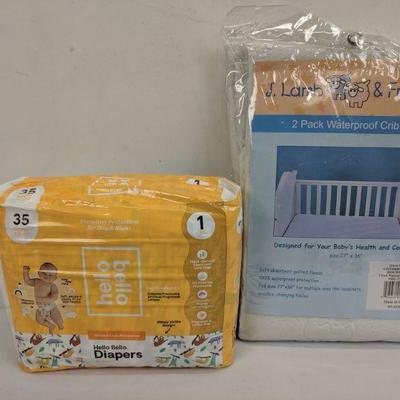 2 Pack Waterproof Crib Pads & Hello Bello Diapers, Size 1, 35 Count - New