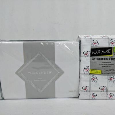 Mattress Protector, White, Twin XL & Microfiber Sheet Set, Twin/Twin XL - New
