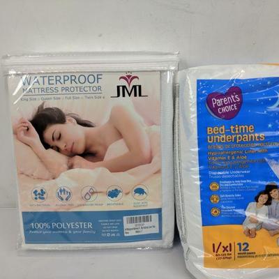 JML Waterproof Mattress Protector & Bedtime Underpants, L/XL, 12 Count - New