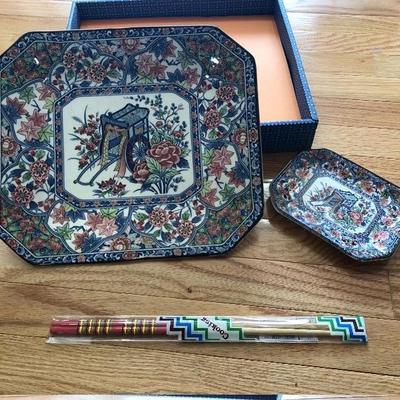 228: Japanese Hand Painted Serving Plates with Chopsticks