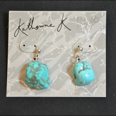 turquoise round pendant on leather cord, turquoise chunk earrings by Katherine K