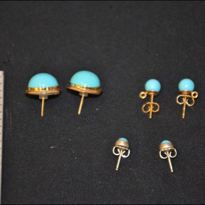 three pairs of turquoise stud earrings with gold and silver settings
