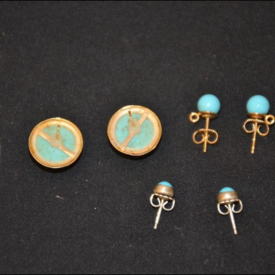 three pairs of turquoise stud earrings with gold and silver settings
