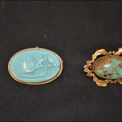 turquoise cameo pin with carved Greek scene and turquoise brooch with gold fill 