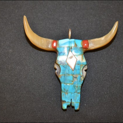 studio art southwest longhorn pendant with bone, coral, silver and turquoise.  A