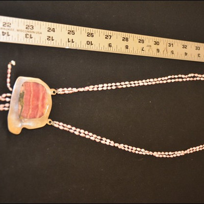 silver, seed pearl and pink agate necklace made by Joan Schwartz, 26