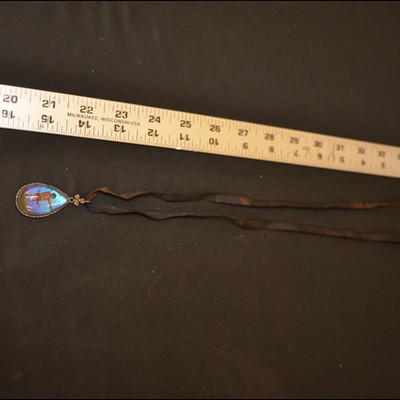 iridescent reverse painted glass antique pendant on ribbon, 1.5