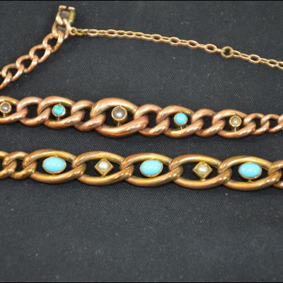 two vintage copper bracelets with turquoise stones and seed pearls, they are bot