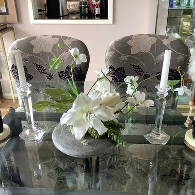 104 Glass Dinning Table with Upholstered Chairs and Decor