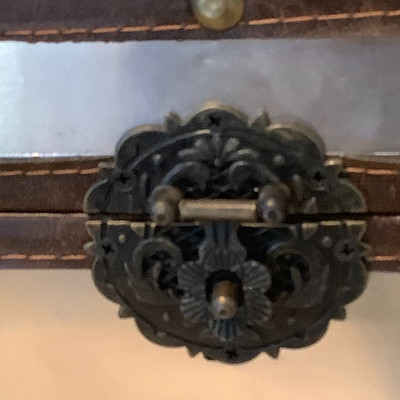 121 Metal Santa Candle Holder on Metal Chest