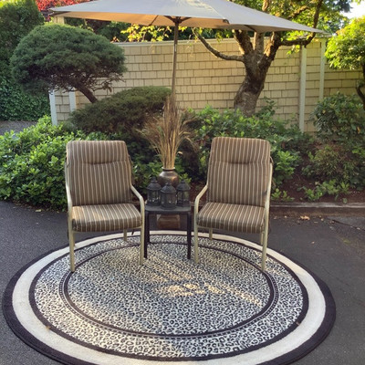 196 Umbrella, Two Chairs, Indoor Rug, and Decor