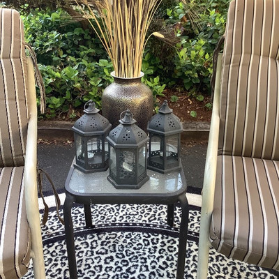 196 Umbrella, Two Chairs, Indoor Rug, and Decor