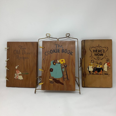 205 Three Antique Cook Books and One Book Stand