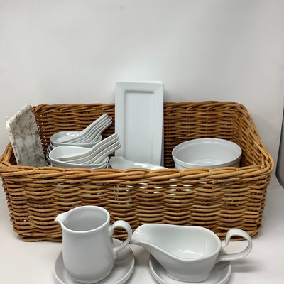 206 Basket of Mixed Brand White Kitchen Items