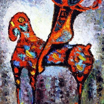 Original Oil Painting - Red Horse/Horse and Rider after Marino Marini, on Canvas