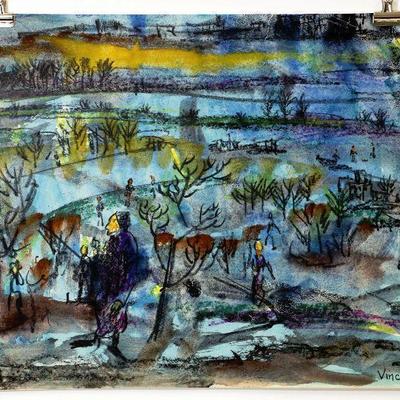 circa 1940's Watercolor/Pastel 22.5" x 16" Signed Vincent Drennan #079
