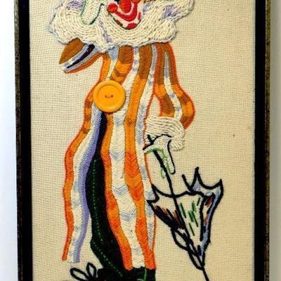 Vintage Wool Needlepoint Art Work Clown with Umbrella Folk Art - A 036