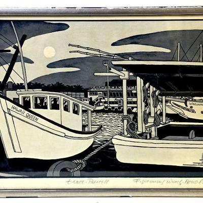 Trace Purcell Signed Litho Hawaii Honolulu Fisherman's Wharf c.1978 - A-031