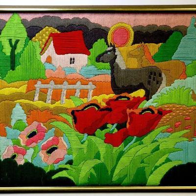 Vintage Wool Tapestry Art on Board Folk Art - Framed 23 x 28 - A-008