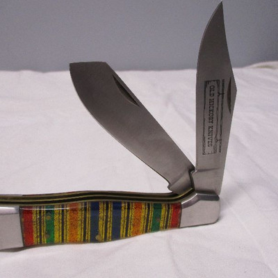 Old Hickory 2 Blade Pocket Knife w/ Glitter Striped Handles. 