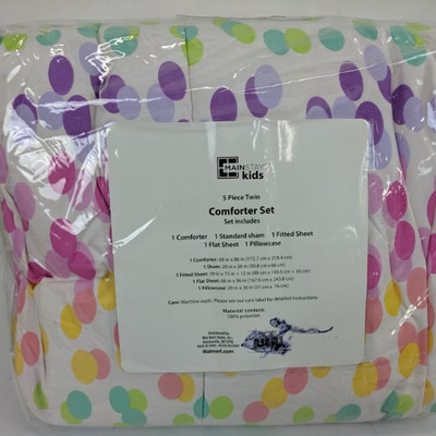 Mainstays Kids 5 Piece Twin Comforter Set, Colorful Dots - New