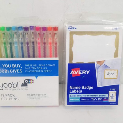 Yoobi Gel Pens Qty 12 & Package of Name Badge Labels (qty 100) - New