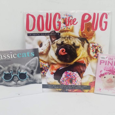 3 Calendars. Large Doug the Pug, Medium Classic Cats, Small Pig - New