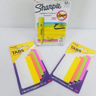 12 Sharpie Highlighters & 2 Packages Post-It Tabs - New