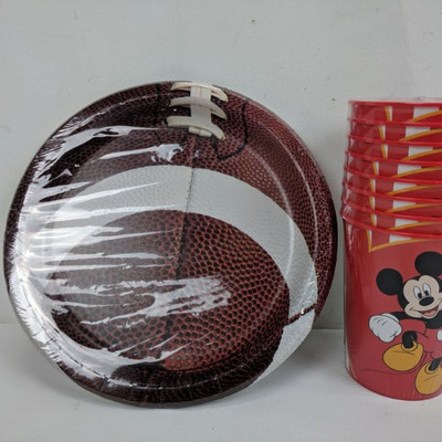 Mickey Mouse Cups, Tablecloth Clamps, Bottle Opener, Football Plates - New