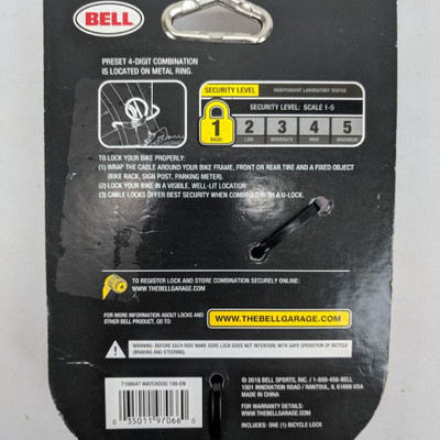Bell Cable Lock 8 mm 5 Ft Length - New