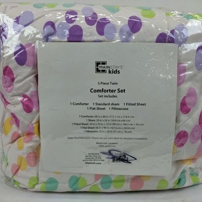 Mainstays Kids 5 Piece Twin Comforter Set, Colorful Dots - New
