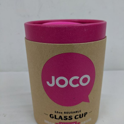 Joco Reusable Glass Cup (12 oz.) Pink! No-Splash Lid + Thermal Silicone Sleeve
